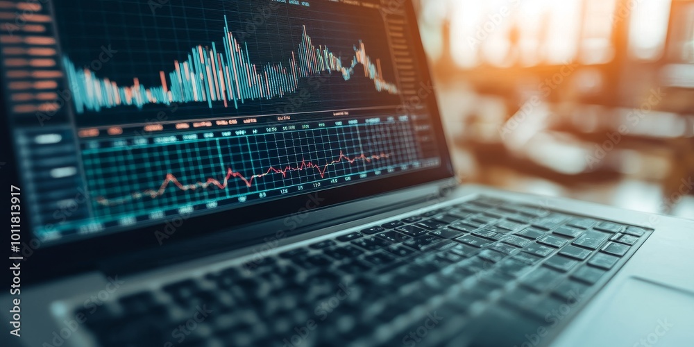 Aufkleber online courses: illustrate a laptop screen displaying a finance online course with charts and graphs