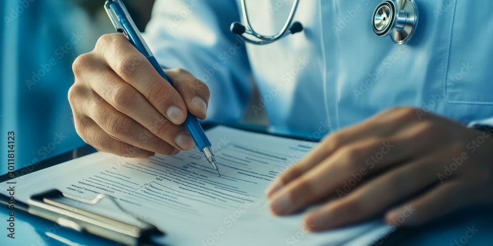 Poster accreditation process: illustrate a hospital administrator preparing documentation for accreditation