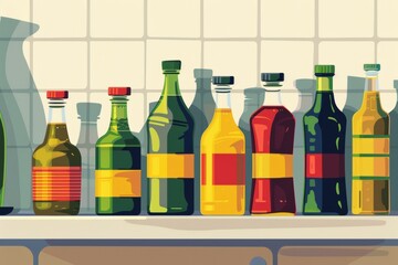 Colorful bottles on kitchen shelf in modern still life illustration
