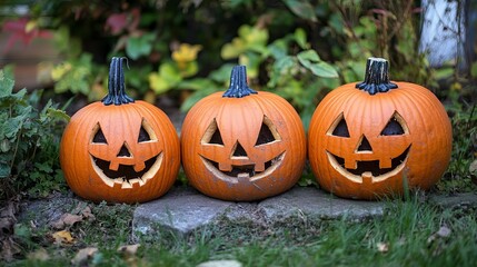 Fototapeta premium Carved Jack-o-Lantern Pumpkins Displayed in a Spooky Garden, Perfect for Halloween Decor