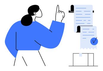 A woman pointing at a task list with a blue check mark, highlighting task management and productivity. Ideal for business, organization, to-do lists, project management, and efficiency. Simple flat