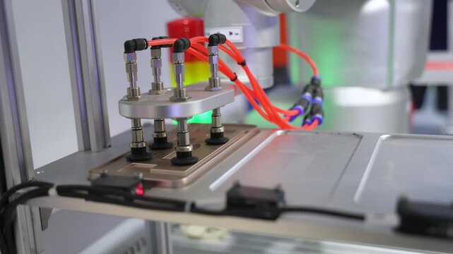 automatic robot with vacuum suckers with conveyor in manufacture mobile phone factory,Smart factory industry 4.0 concept.