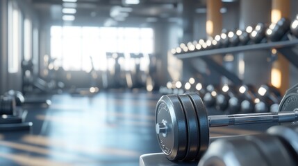 Fototapeta premium A modern gym interior featuring weights and equipment, emphasizing fitness and exercise.