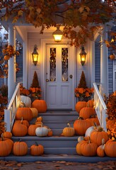 Obraz premium Festive pumpkin porch setting with autumn leaves, perfect for Halloween decoration