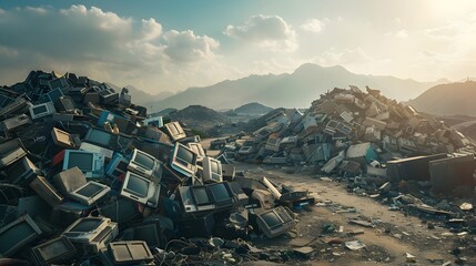 Towering Heap of Discarded Electronics at Landfill Site Obsolescence and Waste Concept