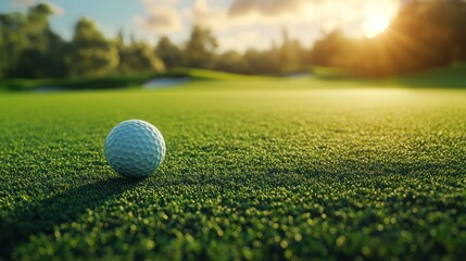 Golf ball on green fairway with sunset background.