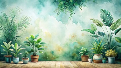 Watercolor stains and plants creating a tranquil and artistic background, watercolor, stains, plants, nature, greenery