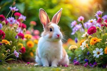 Adorable pink and white rabbit sitting on soft grass, surrounded by colorful flowers in a garden