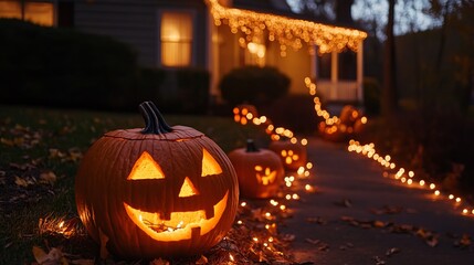 Cozy Halloween Nights with Glowing Jack-o-Lanterns and Twinkling Fairy Lights Creating a Magical Atmosphere