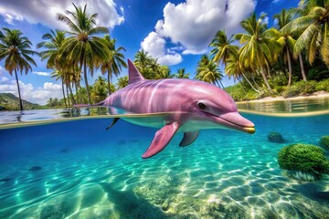 Fototapeta premium Adorable Pink Dolphin Swimming Gracefully in Clear Water Against a Vibrant Tropical Background
