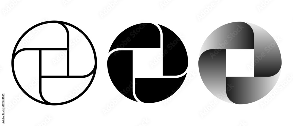 Poster Set of circles with lines and gradient. A spiral with rounded ends in a circle as an icon, logo or symbol. Dynamic design element with 4 parts.