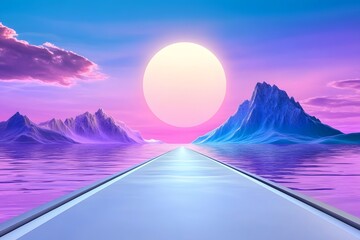 A road stretching toward the sun, purple mountains rising in the distance