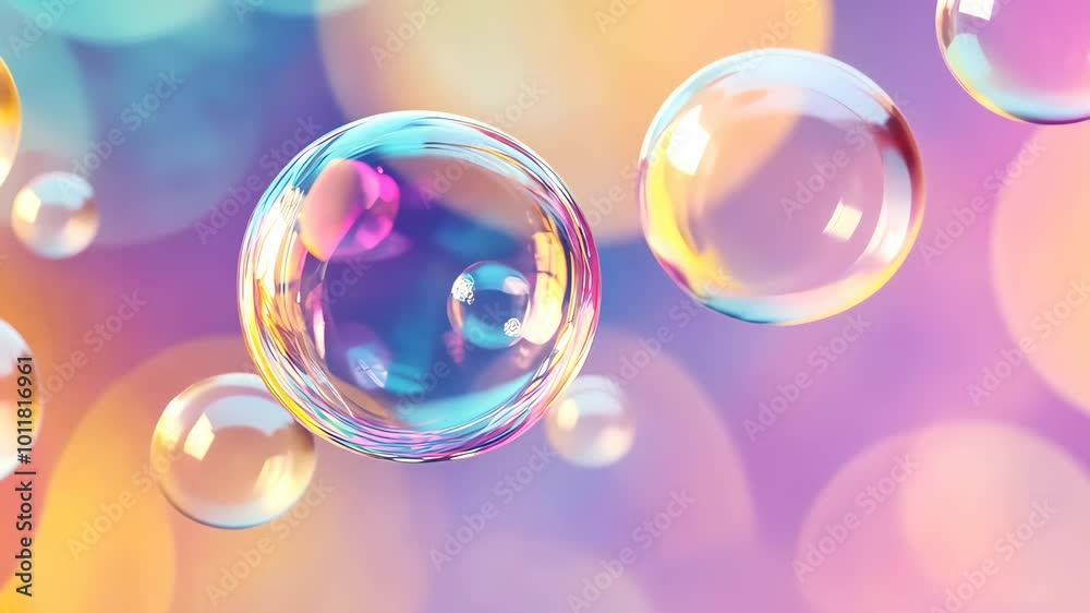 Poster Colorful soap bubbles floating on a gradient background