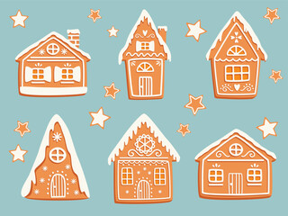 Set of Christmas gingerbread bakery houses. Christmas sweets and gifts.