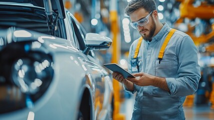 Worker In Automotive Car Factory Using Tablet, Generative AI