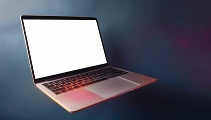 laptop flotante con pantalla blanca y fondo oscuro
