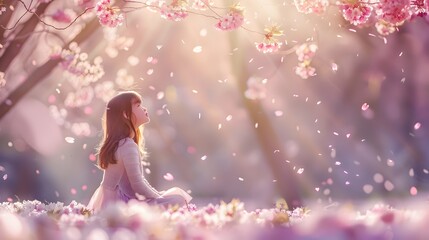 A Girl Gazing Up at the Cherry Blossoms Falling Around Her Under the Spring Tree