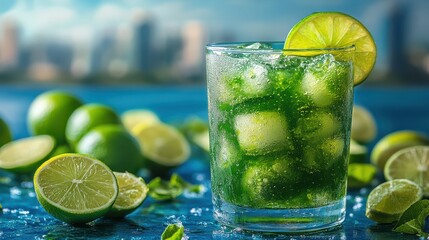 Fototapeta premium Green mojito cocktail with lime garnish on a sunny day