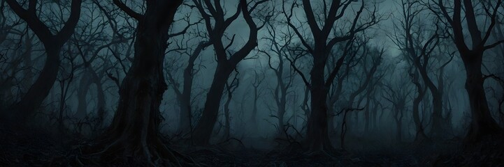 Obraz premium Moonlit Forest, Bare Trees Cast Shadows in the Foggy Night, Creating a Haunting Atmosphere under the Full Moon.