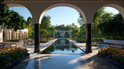 Obraz premium Serene Garden with Reflective Pool and Lush Foliage