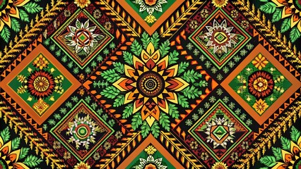 Colorful geometric pattern with floral motifs.