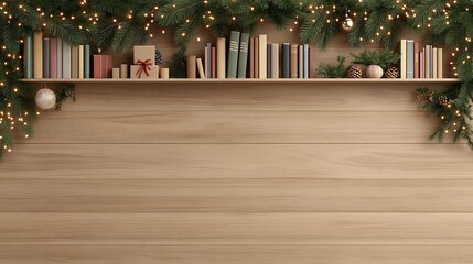 Nursery bookshelf decorated with soft Christmas garlands and twinkling fairy lights, 3D illustration