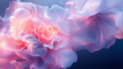 Fototapeta premium Abstract close-up of fluorescent peonies with capillary effect and gradient on dark blue background at twilight