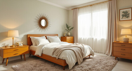 A cozy mid-century modern bedroom with warm wooden furniture and soft lighting. The space features a plush bed, sunburst mirror, and elegant decor.

