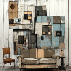 Artistic interior with a vintage couch and abstract wall art.