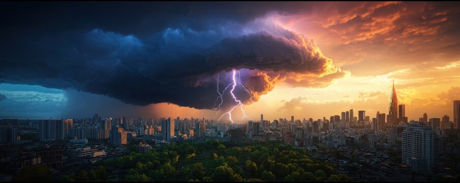 Dramatic Storm Over City Skyline at Sunset