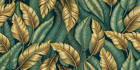 A Seamless Pattern of Green and Golden Leaves with Intricate Line Detailing and Overlapping Shapes