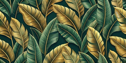 A Lush Green and Golden Tropical Leaf Pattern Featuring Elegant Line Work and Vibrant Colors