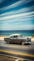 Fototapeta premium Vintage car going in a high way next to the ocean