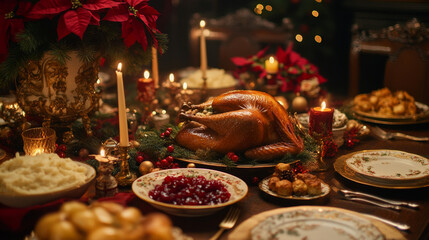 A Festive Feast: Capturing the Warmth and Joy of a Traditional Holiday Dinner with Aromatic Roast Turkey and Classic Side Dishes Amidst Elegant Decorations