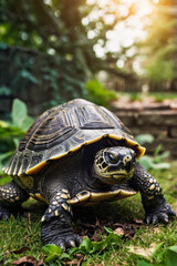 Obraz premium Turtle in Costume Crawling Through Lush Greenery