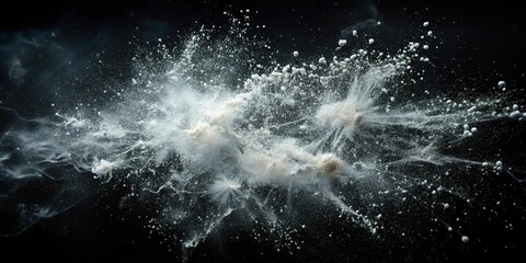 A white powder explosion captured mid-air against a dark backdrop, creating a mesmerizing spectacle of suspended particles, swirling clouds, and delicate wisps of dust.