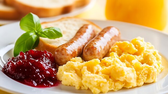 Scrambled Eggs, Sausage, Jam, and Toast Breakfast Platter