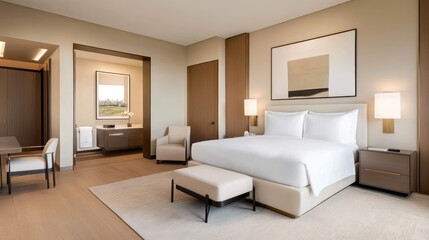 Luxurious master bedroom with a velvet headboard, gold accents, and soft ambient lighting, Taken by Nikon Z7 35mm lens