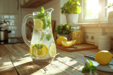 Refreshing lemon mint water in sunlit kitchen