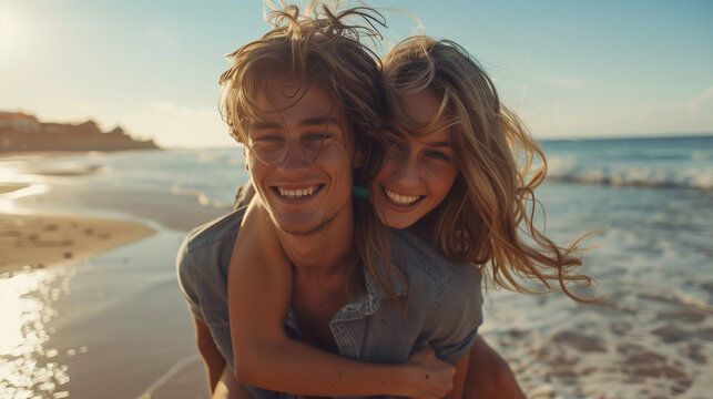 A young man giving his girlfriend a playful piggyback ride on the beach, both smiling and enjoying a sunny day by the ocean.

