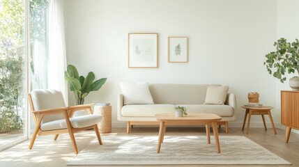 Mid-century modern living room with vintage furniture, geometric patterns, and warm wood tones, Taken by Nikon Z7 35mm lens