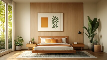 Fototapeta premium Mid-century modern bedroom with a sleek wooden bed, geometric patterns, and bold accent colors, Taken by Nikon Z7 35mm lens