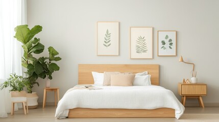 Mid-century modern bedroom with a sleek wooden bed, geometric patterns, and bold accent colors, Taken by Nikon Z7 35mm lens