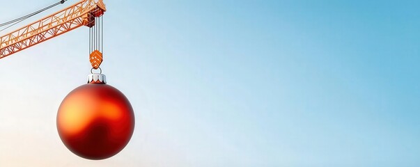 A large orange construction ball suspended from a crane, set against a clear blue sky, highlighting a unique blend of industry and art.