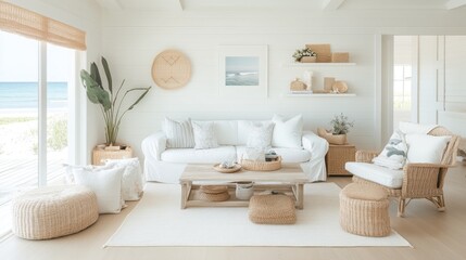 Coastal beach house living room with whitewashed walls, wicker furniture, and ocean-themed decor, Taken by Nikon Z7 35mm lens