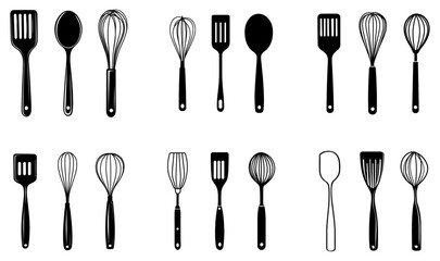 Assorted Kitchen Utensils Silhouette - Black and White Culinary Tools Design
