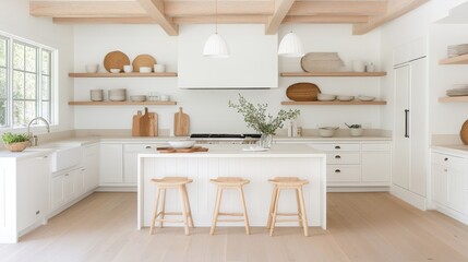 Beach-style kitchen with whitewashed cabinets, open shelving, and sea-inspired decor, Taken by Nikon Z7 35mm lens
