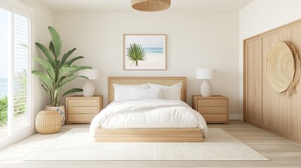 Coastal-style bedroom with light blue tones, wicker furniture, and ocean-inspired decor, Taken by Nikon Z7 35mm lens