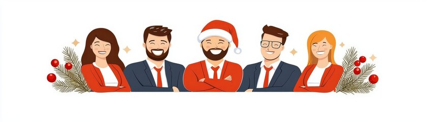 Fototapeta premium A cheerful group of five professionals dressed in festive attire, showcasing holiday spirit with smiles and seasonal decor.