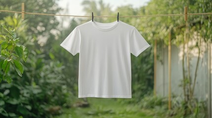 Simple white T-shirt with minimalist typography, hanging on a clothesline outdoors, Picture taken by sony 35+ mm